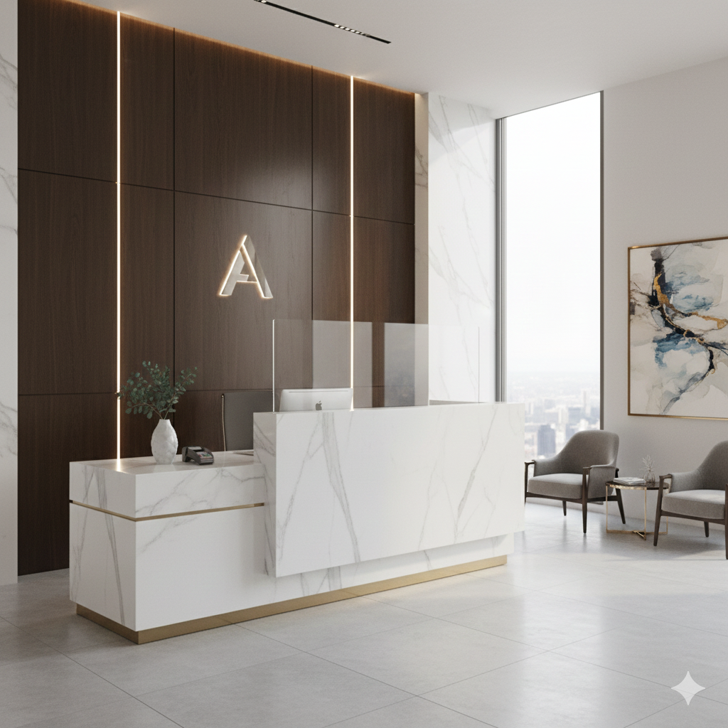 Musterabbildung - Veloce – Exklusive Empfangstheke in Echtholz-Optik